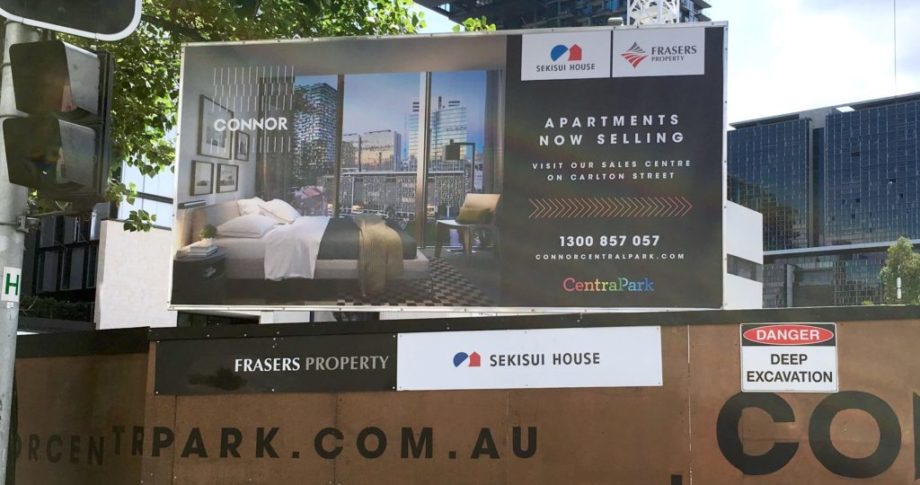 Property development billboard for Frasers Property and Sekisui House